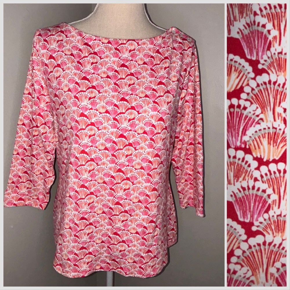 J McLaughlin fan print pink orange 3/4 sleeve boat neck shirt size Large